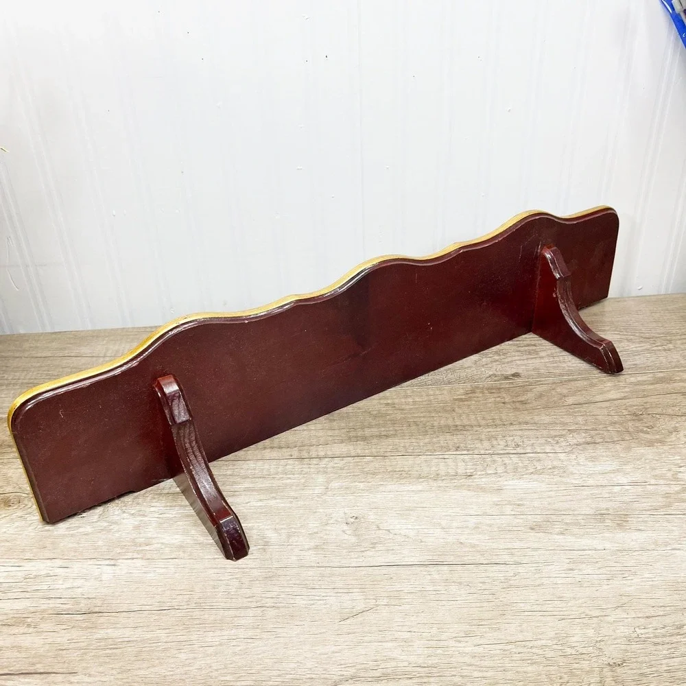 Vintage Maroon and Gold Wooden Plate Shelf - Vintage Wood Curio